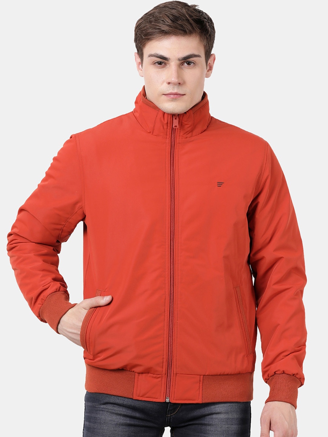 

t-base Men Orange Windcheater and Water Resistant Bomber Jacket