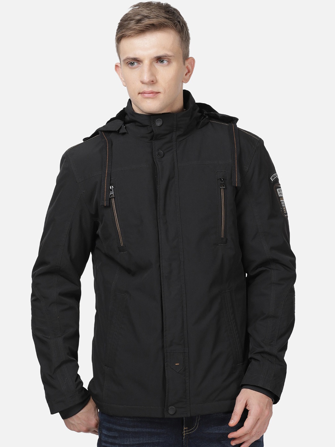 

T-Base Men Black Windcheater and Water Resistant Padded Jacket
