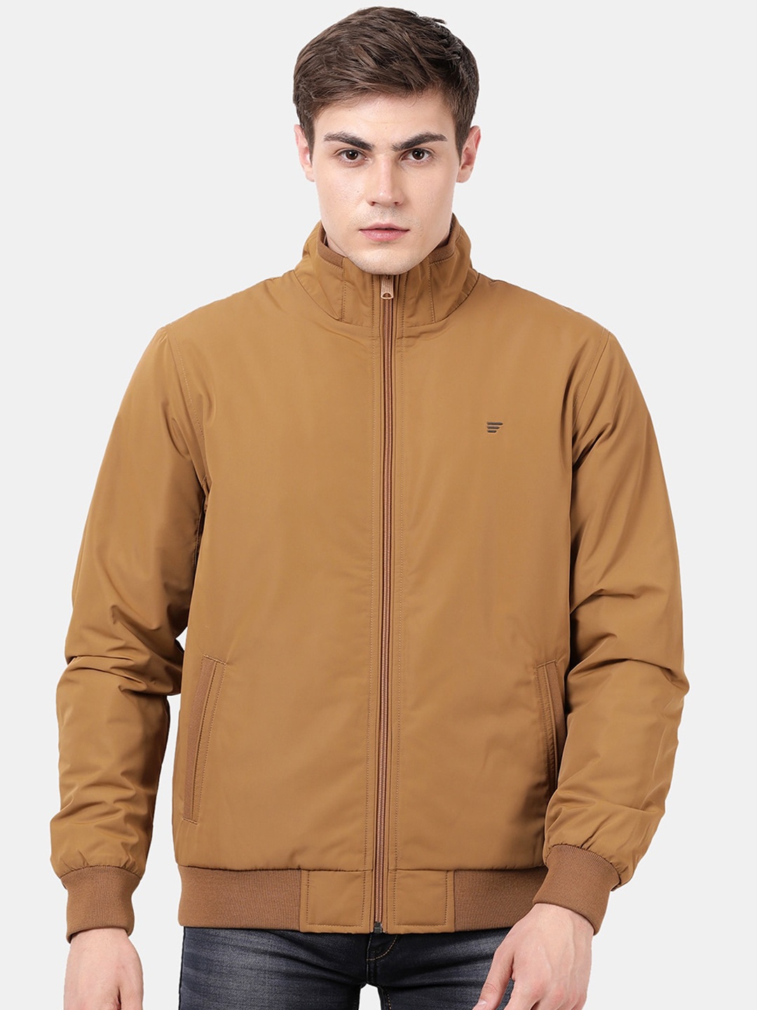 

t-base Men Tan Windcheater and Water Resistant Bomber with Embroidered Jacket