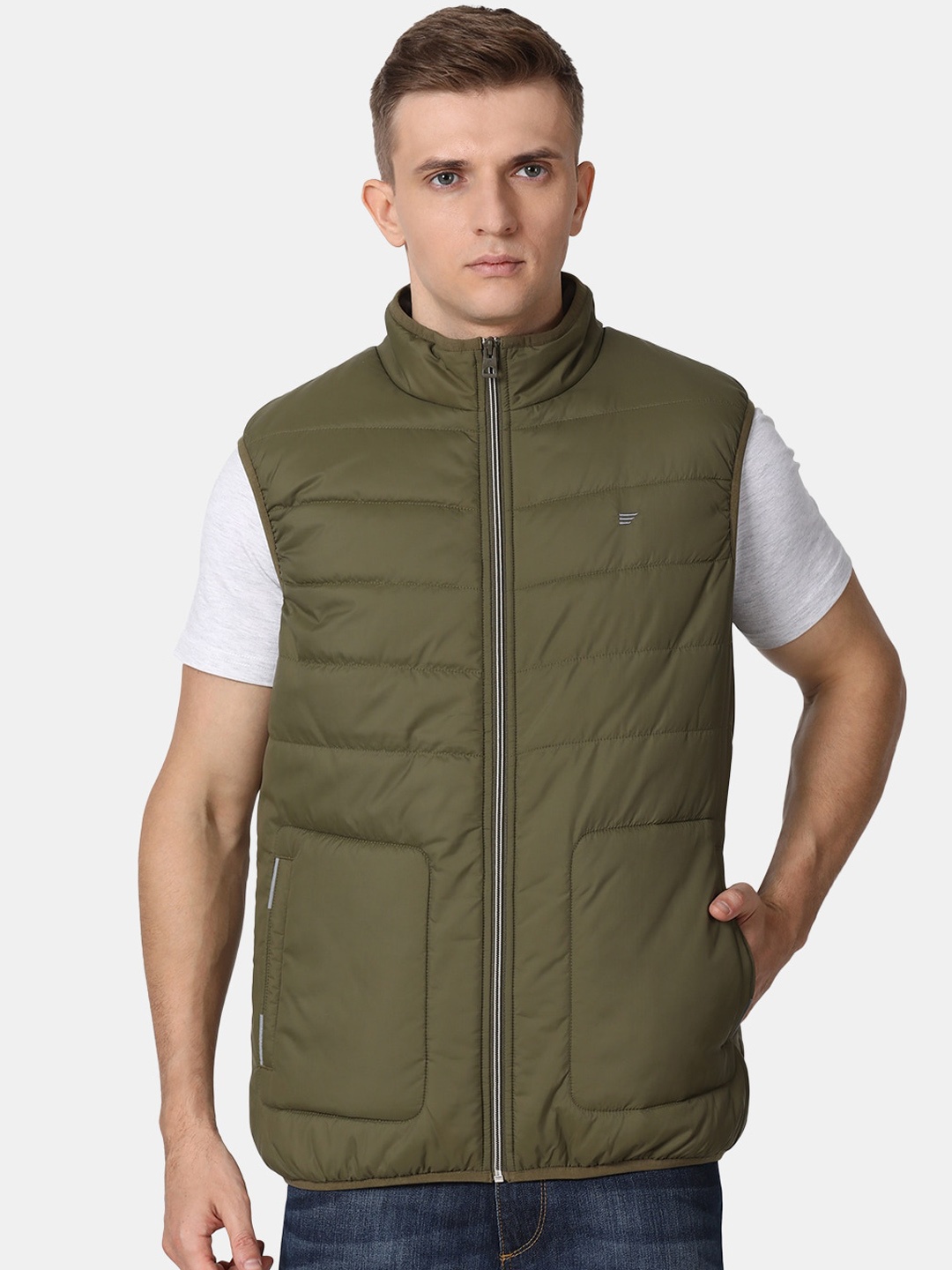 

t-base Men Olive Green Windcheater and Water Resistant Puffer Jacket