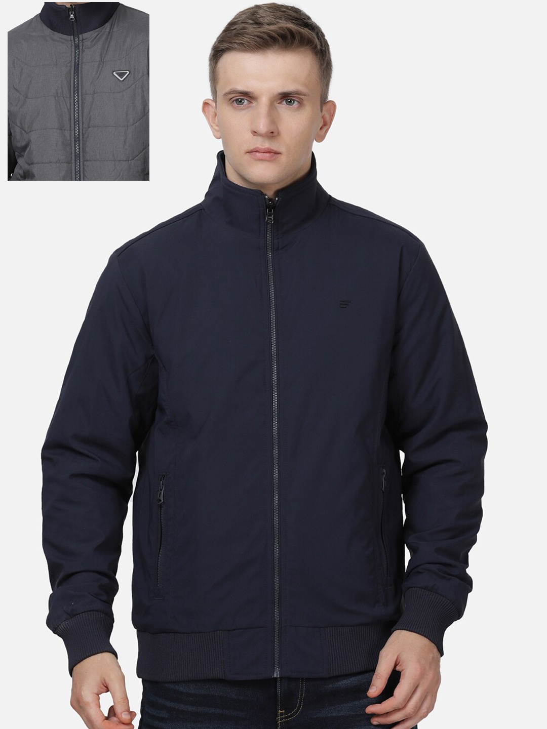 

t-base Men Navy Blue Colourblocked Reversible Bomber with Patchwork Jacket