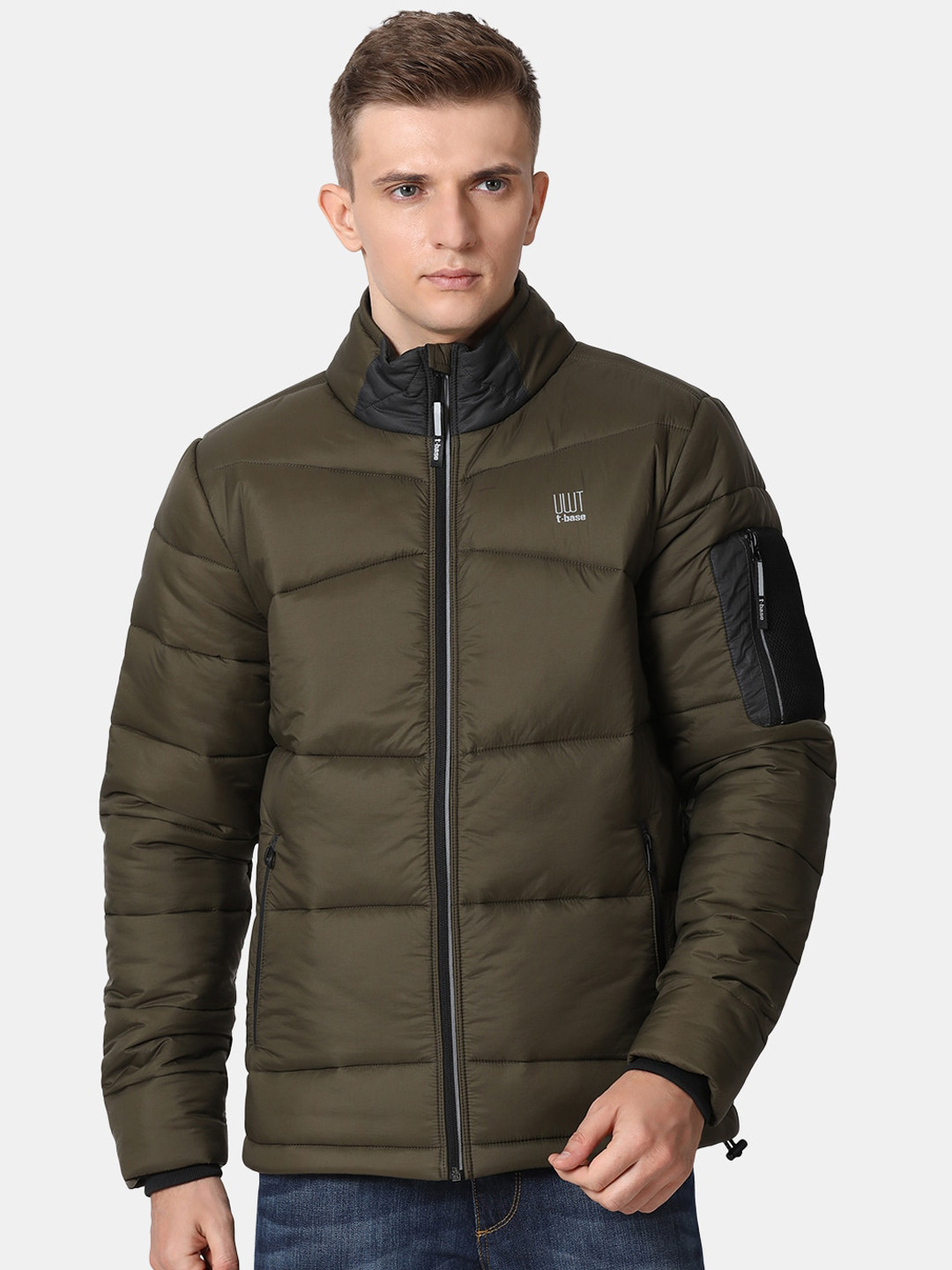 

t-base Men Olive Green Windcheater and Water Resistant Padded Jacket