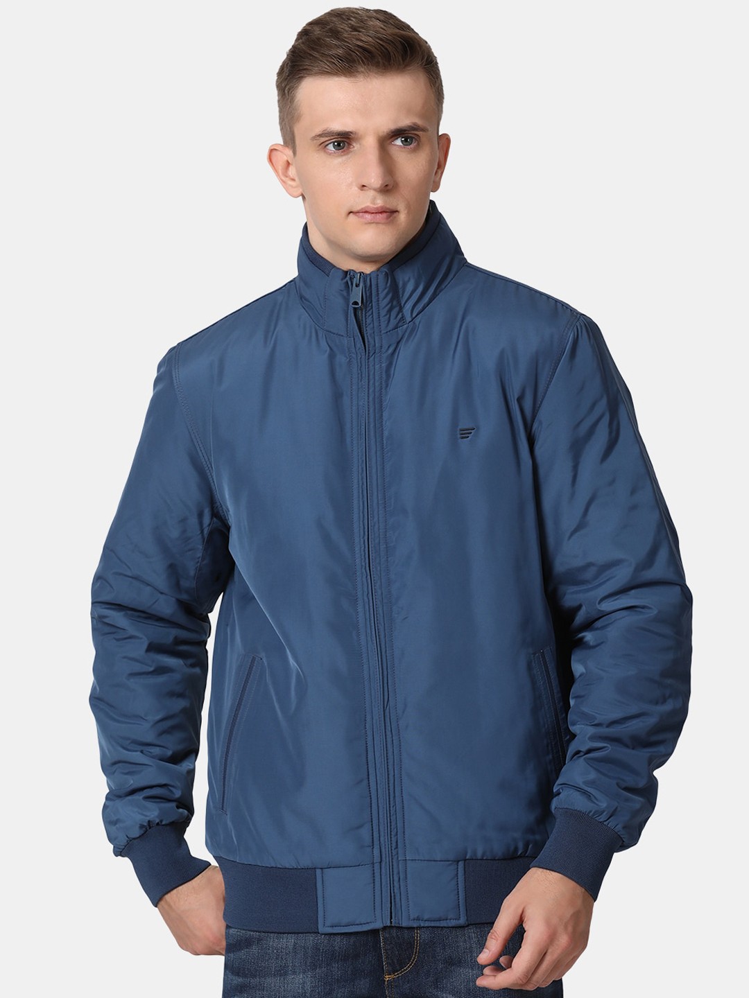 

t-base Men Blue Windcheater and Water Resistant Bomber Jacket