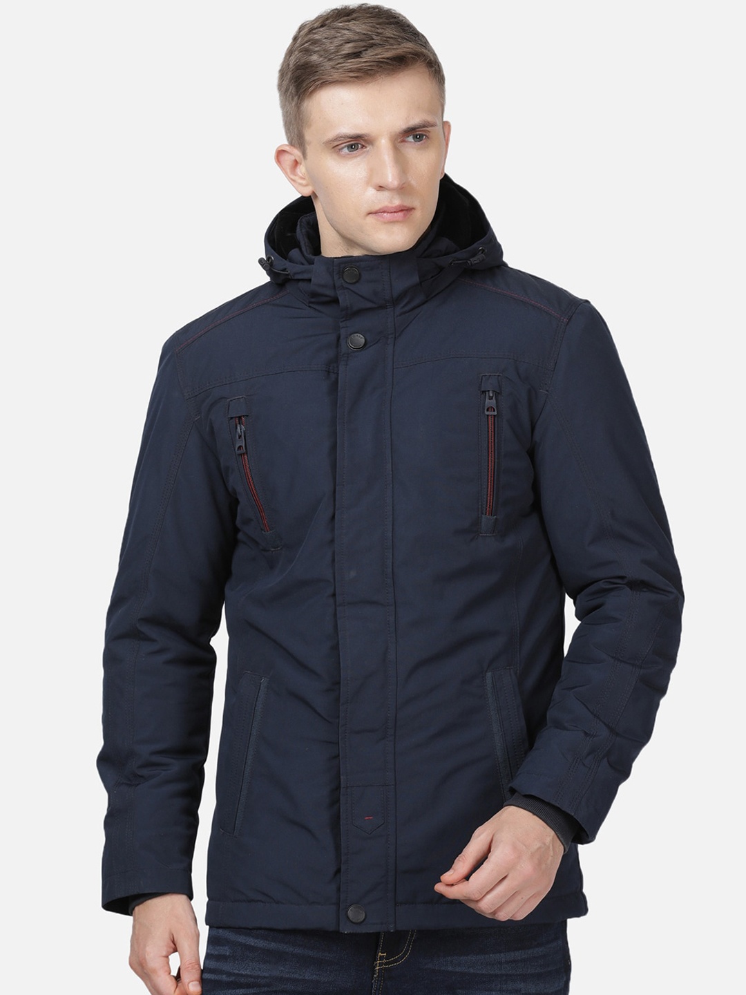 

t-base Men Navy Blue Windcheater and Water Resistant Padded Jacket