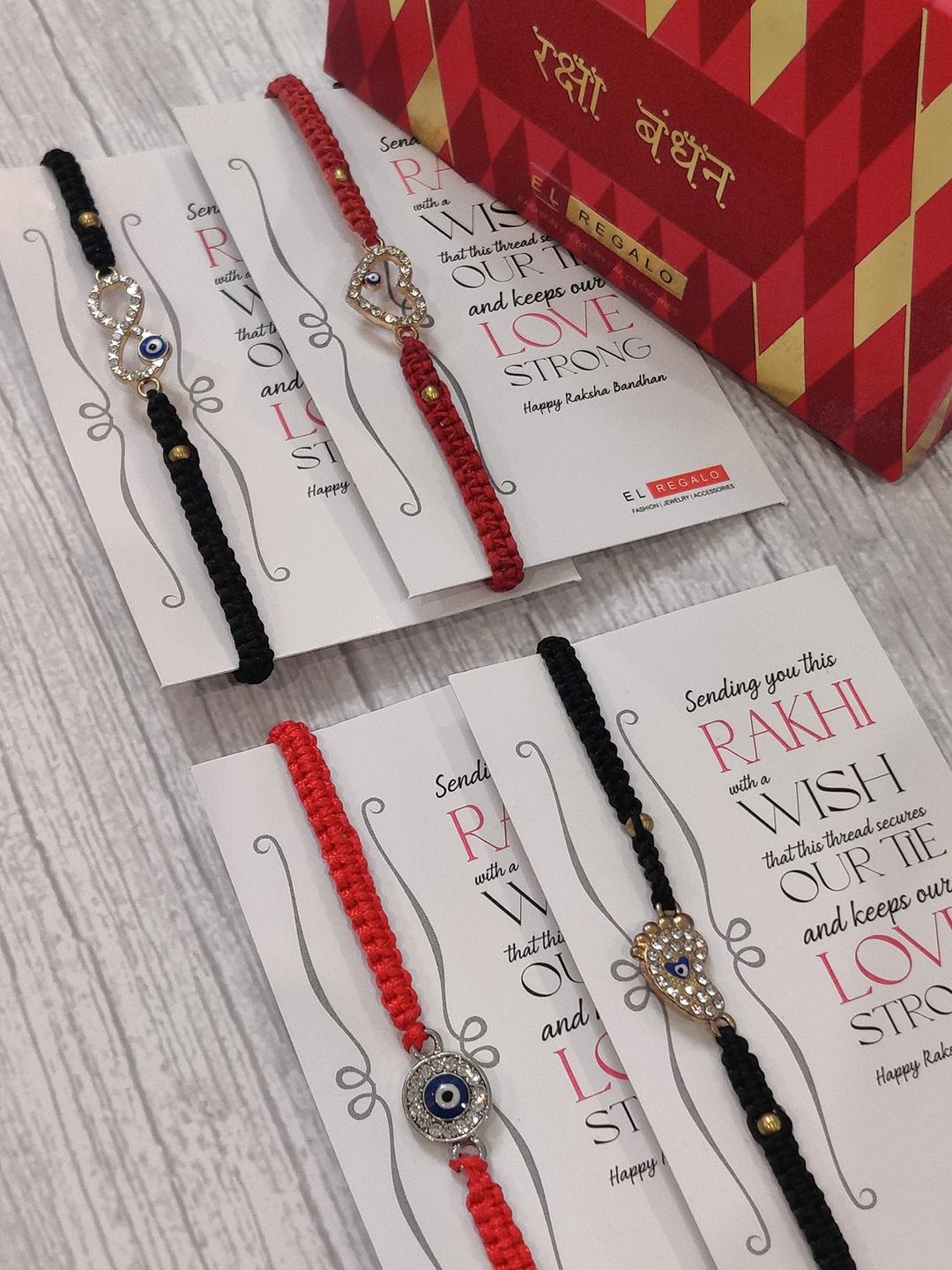 

EL REGALO Set Of 4 Red & Black Evil Eye Wrap Around Rakhi With Roli Chawal & Raksha Bandhan Greeting Card