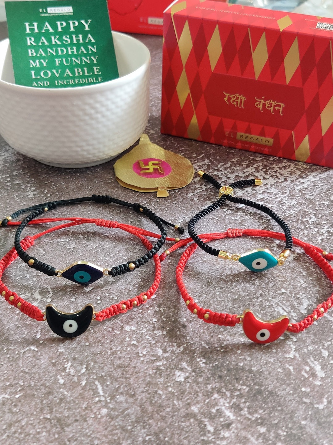 

EL REGALO Adults Set of 4 Red & Black Evil Eye Wrap Around Rakhi Set