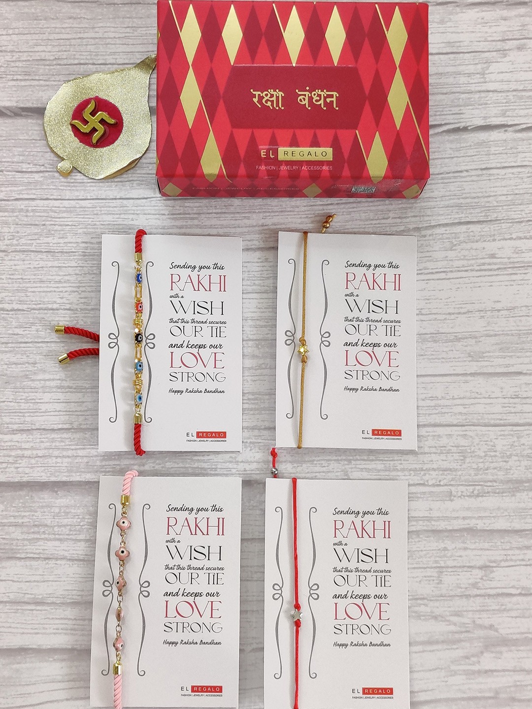

EL REGALO Pack of 4 Kids Red,Pink & Gold Rakhi Gift Set, Multi