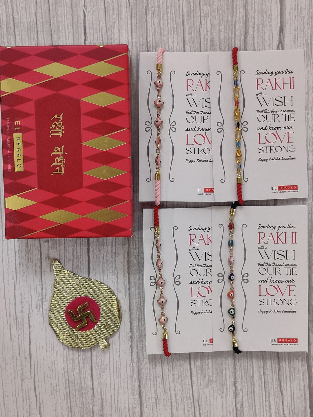 

EL REGALO Set Of 4 Roli Chawal & Raksha Bandhan Greeting Card, Red