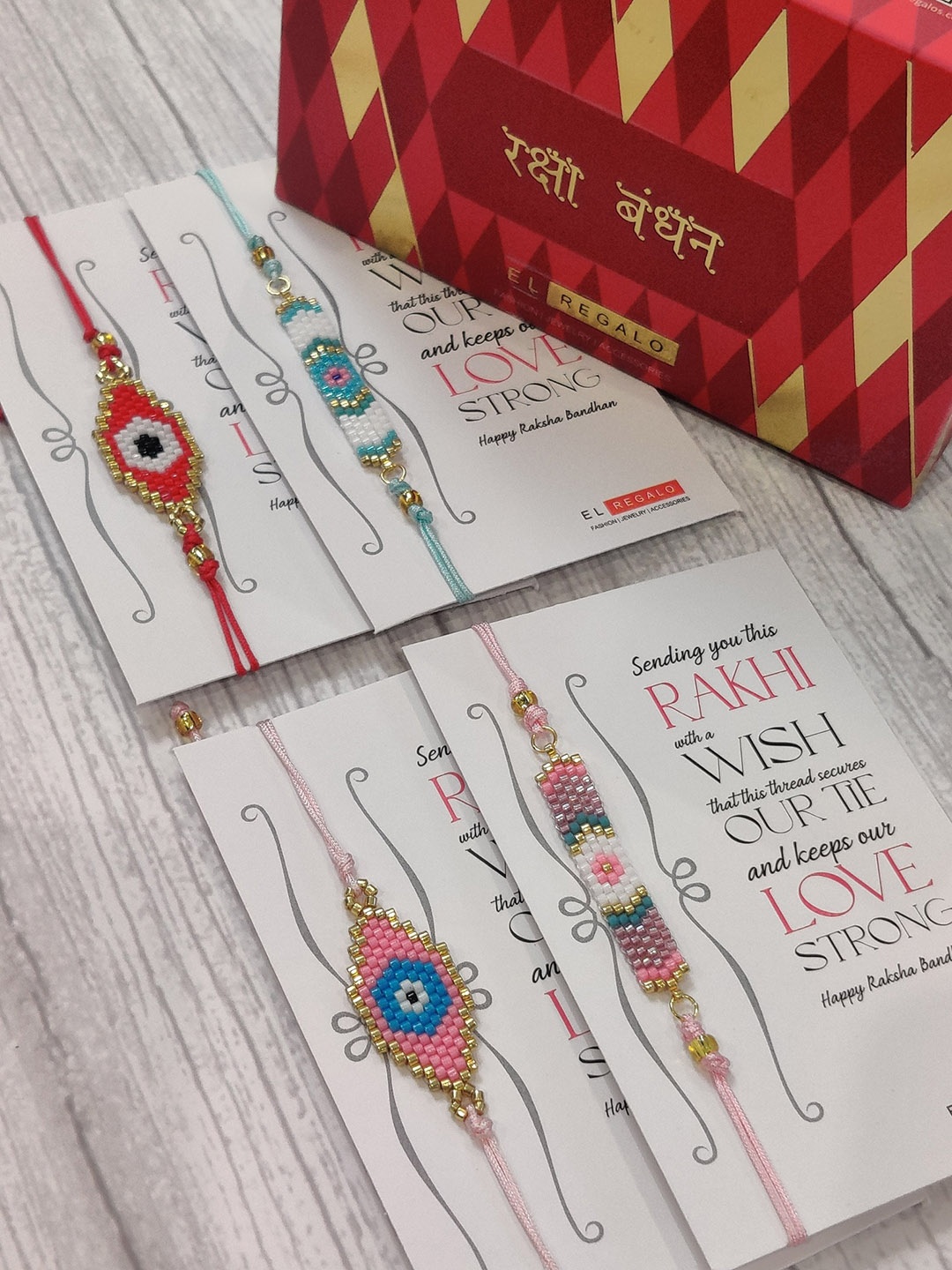 

EL REGALO Set Of 4 Red & Blue Evil Eye Beaded Wrap Around Rakhi With Roli Chawal & Raksha Bandhan Greeting Card