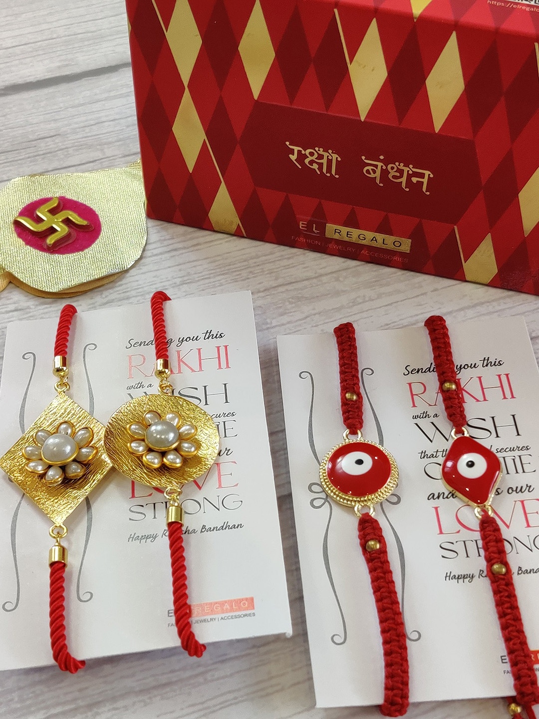 

EL REGALO Set Of 4 Red & Gold Coloured Beaded Wrap Around Rakhi With Roli Chawal & Raksha Bandhan Greeting Card