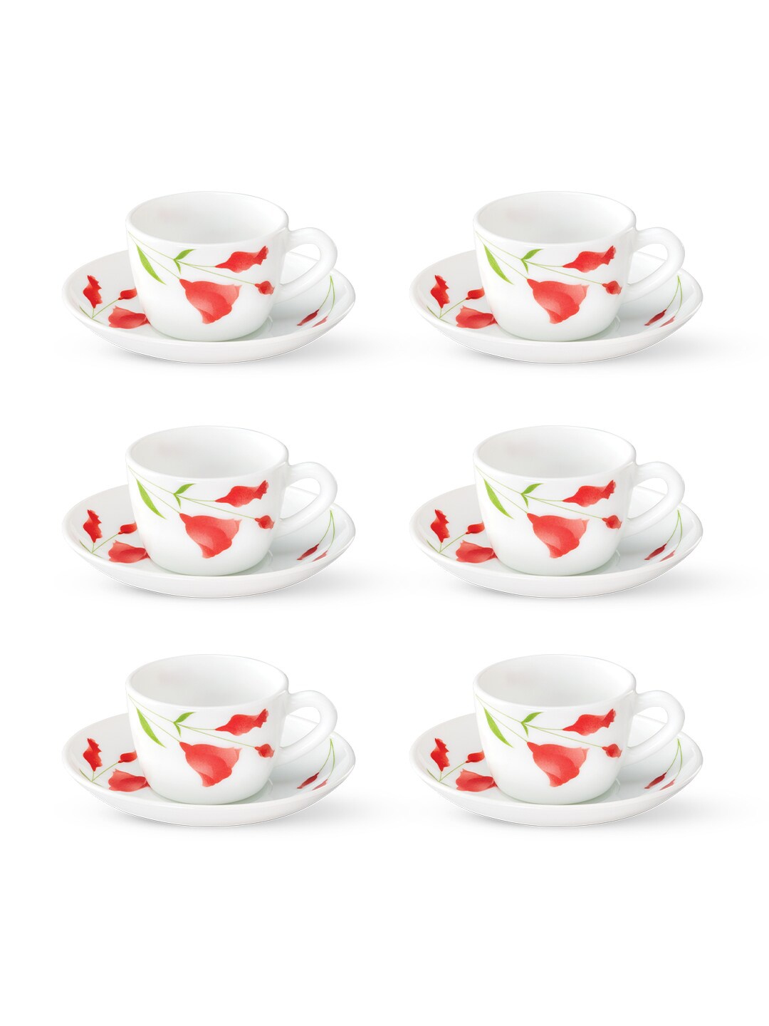 

Larah by BOROSIL Set of 6 White & Red Printed Opalware Glossy Cups and Saucers