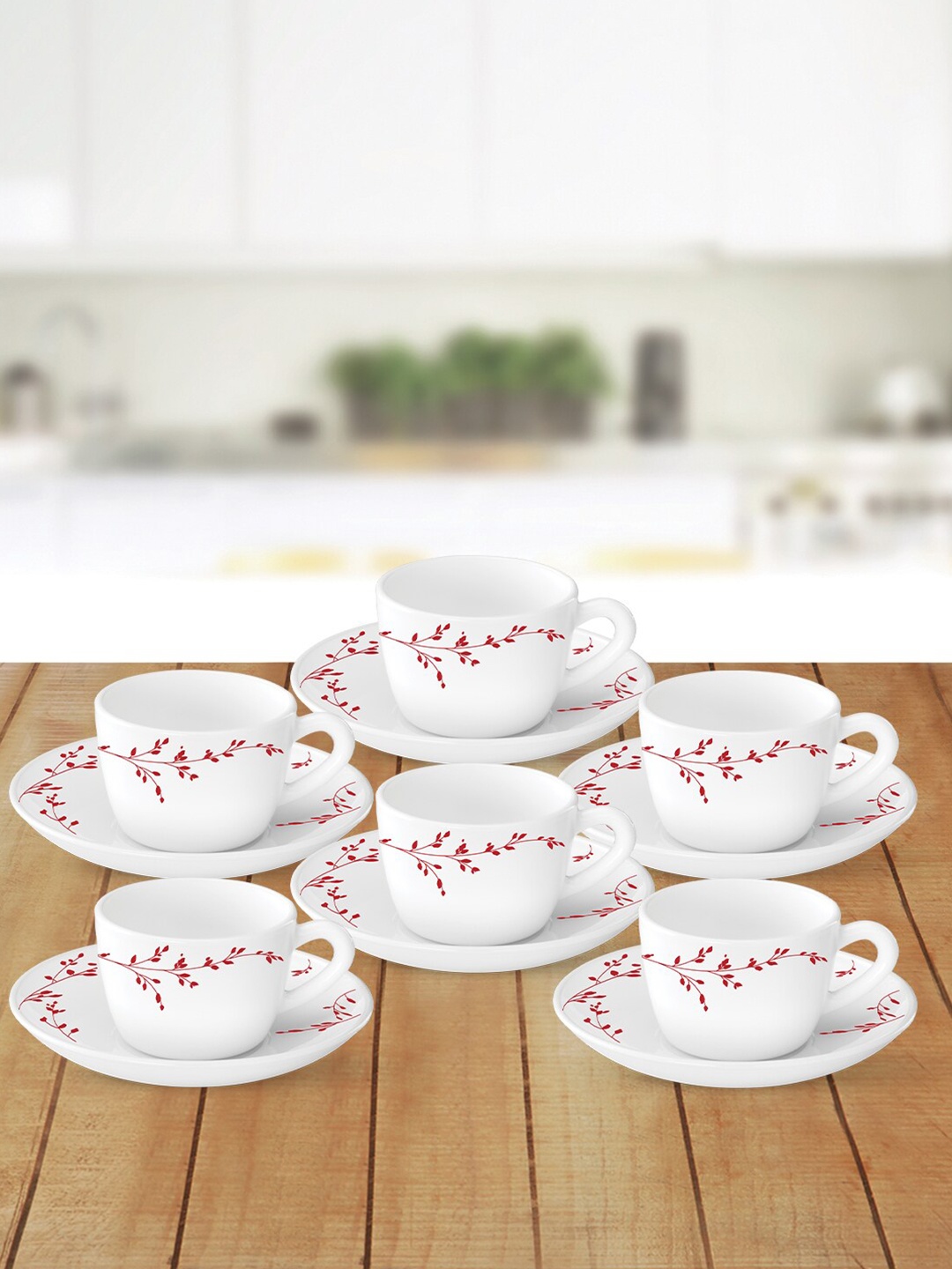 

Larah by BOROSIL Set of 6 White & Red Printed Opalware Glossy Cups and Saucers