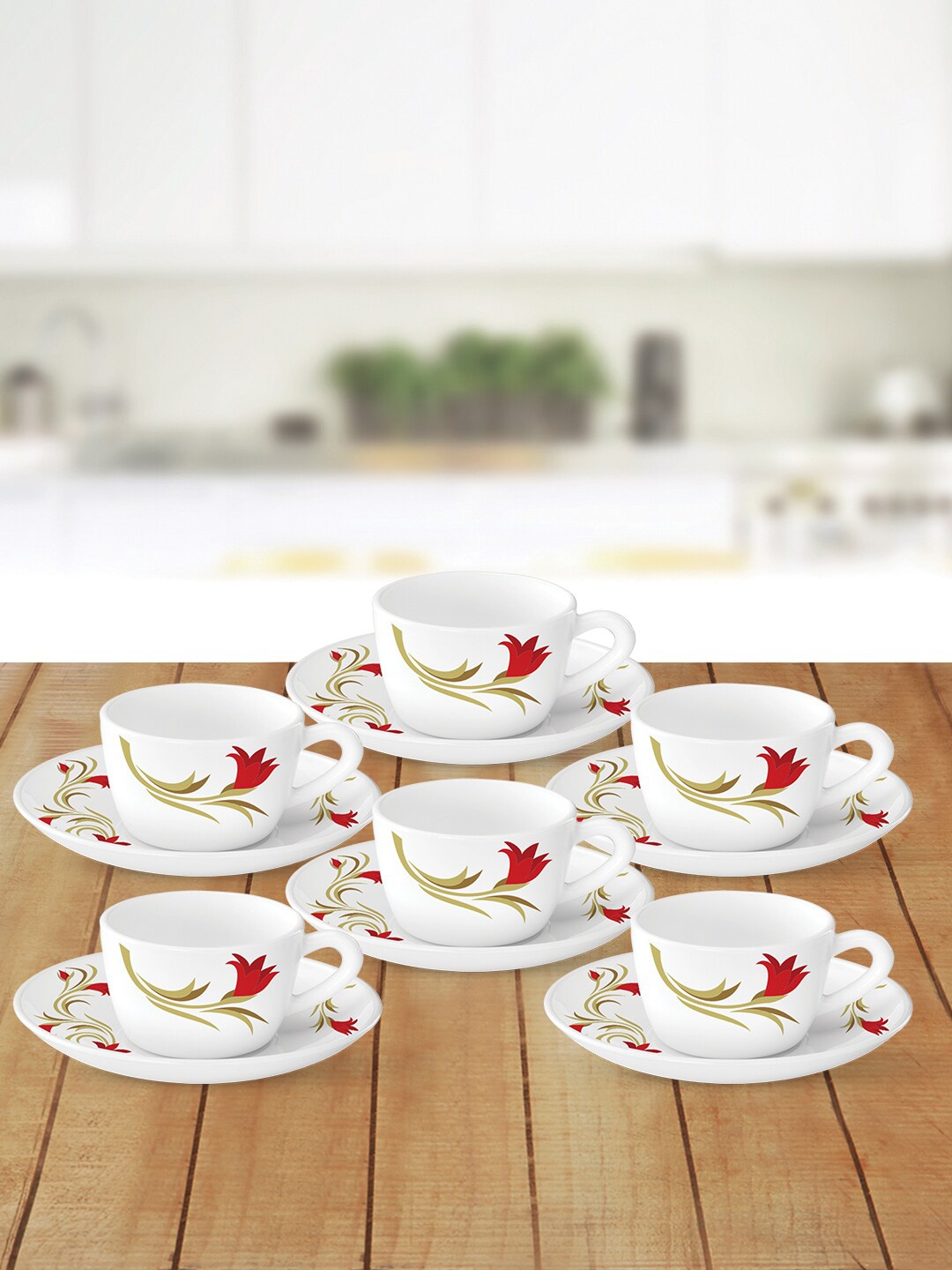 

Larah by BOROSIL Set of 6 White & Red Printed Opalware Glossy Cups and Saucers