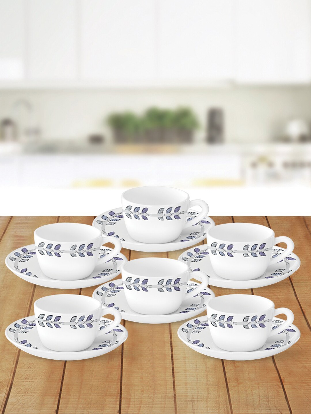 

Larah by BOROSIL White & Blue Printed Opalware Glossy Cups and Saucers Set of Cups and Mugs