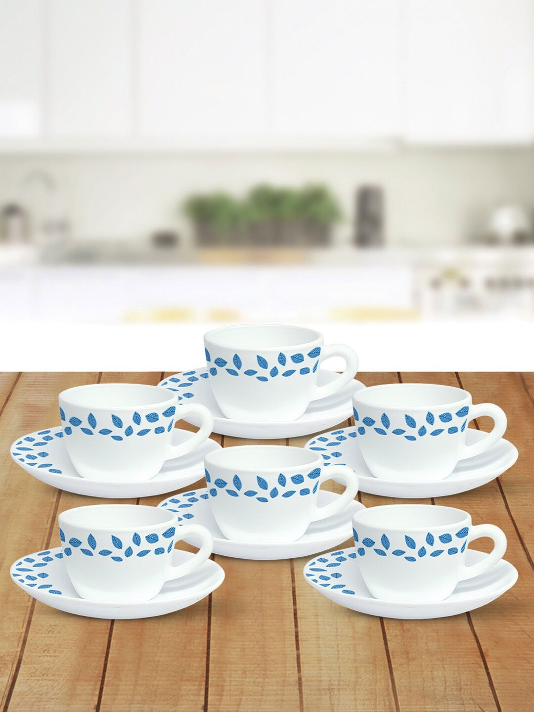 

Larah by BOROSIL Set Of 6 White & Blue Printed Opalware Glossy Cups and Saucers Set
