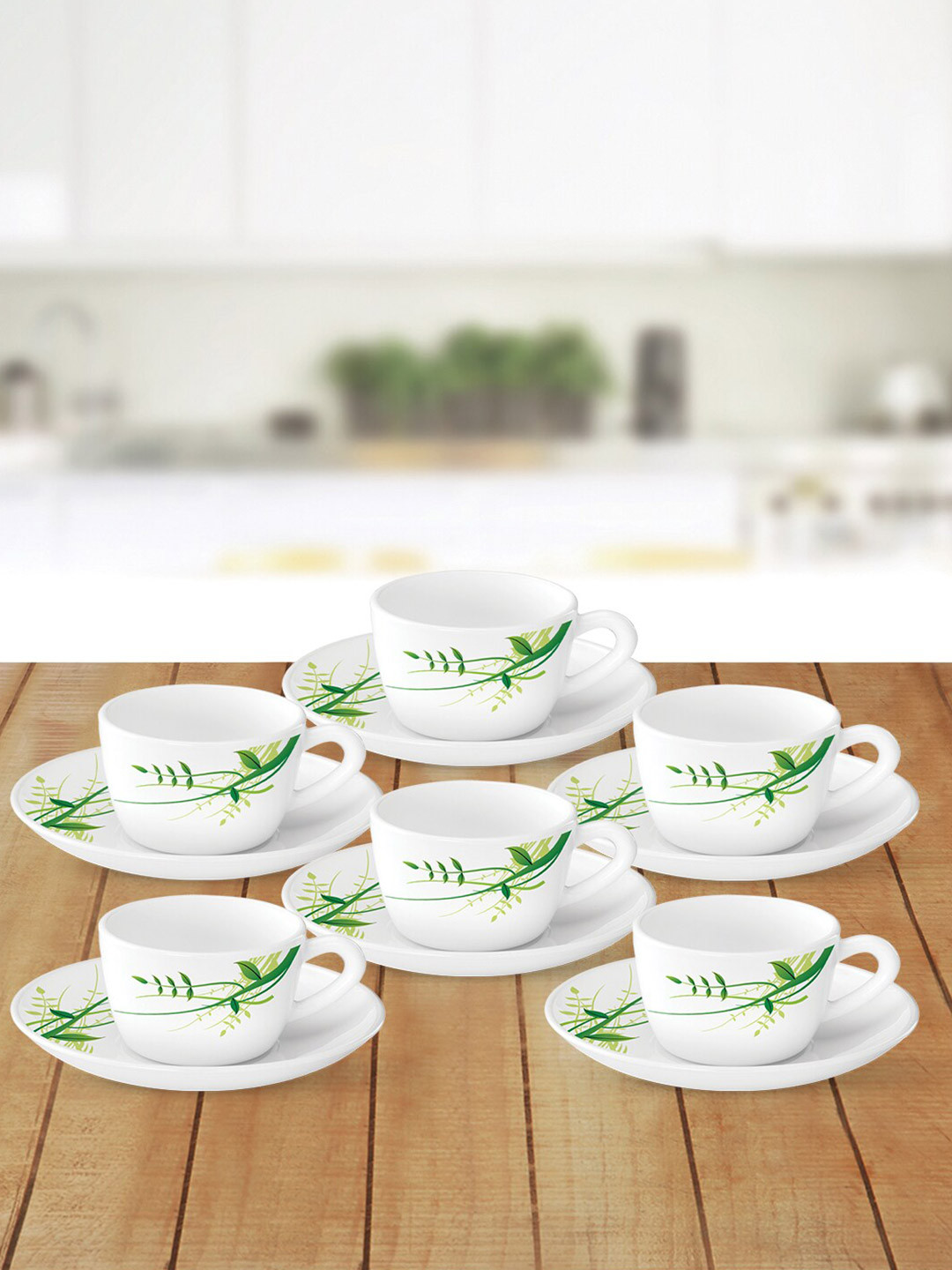 

Larah by BOROSIL White & Green Printed Glossy Cups and Saucers Set of Cups and Mugs