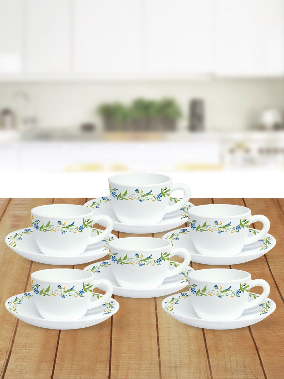 

Larah by BOROSIL White & Blue Printed Opalware Glossy Cups and Saucers Set