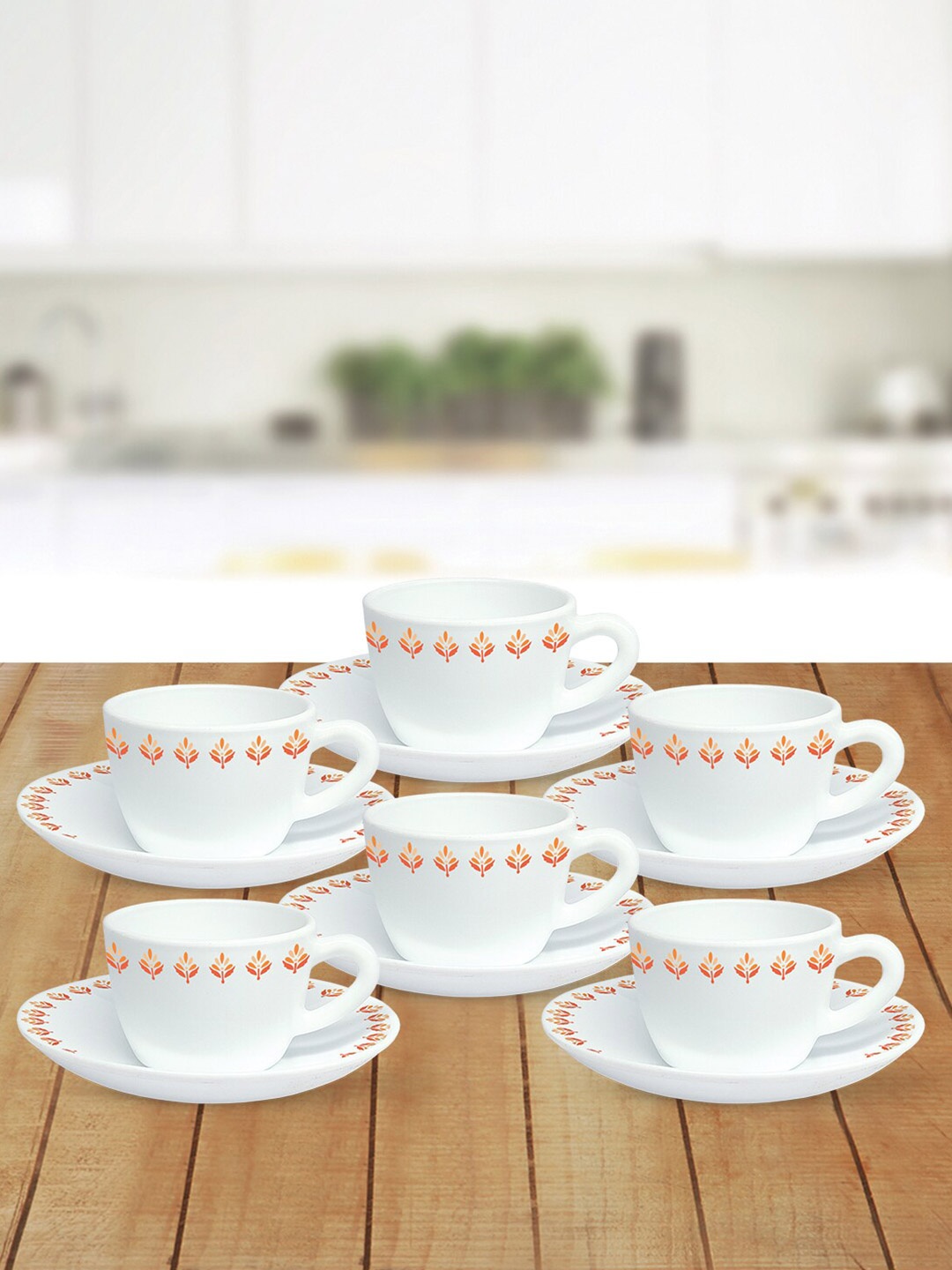 

Larah by BOROSIL White & Orange Printed Opalware Glossy Cups and Saucers Set