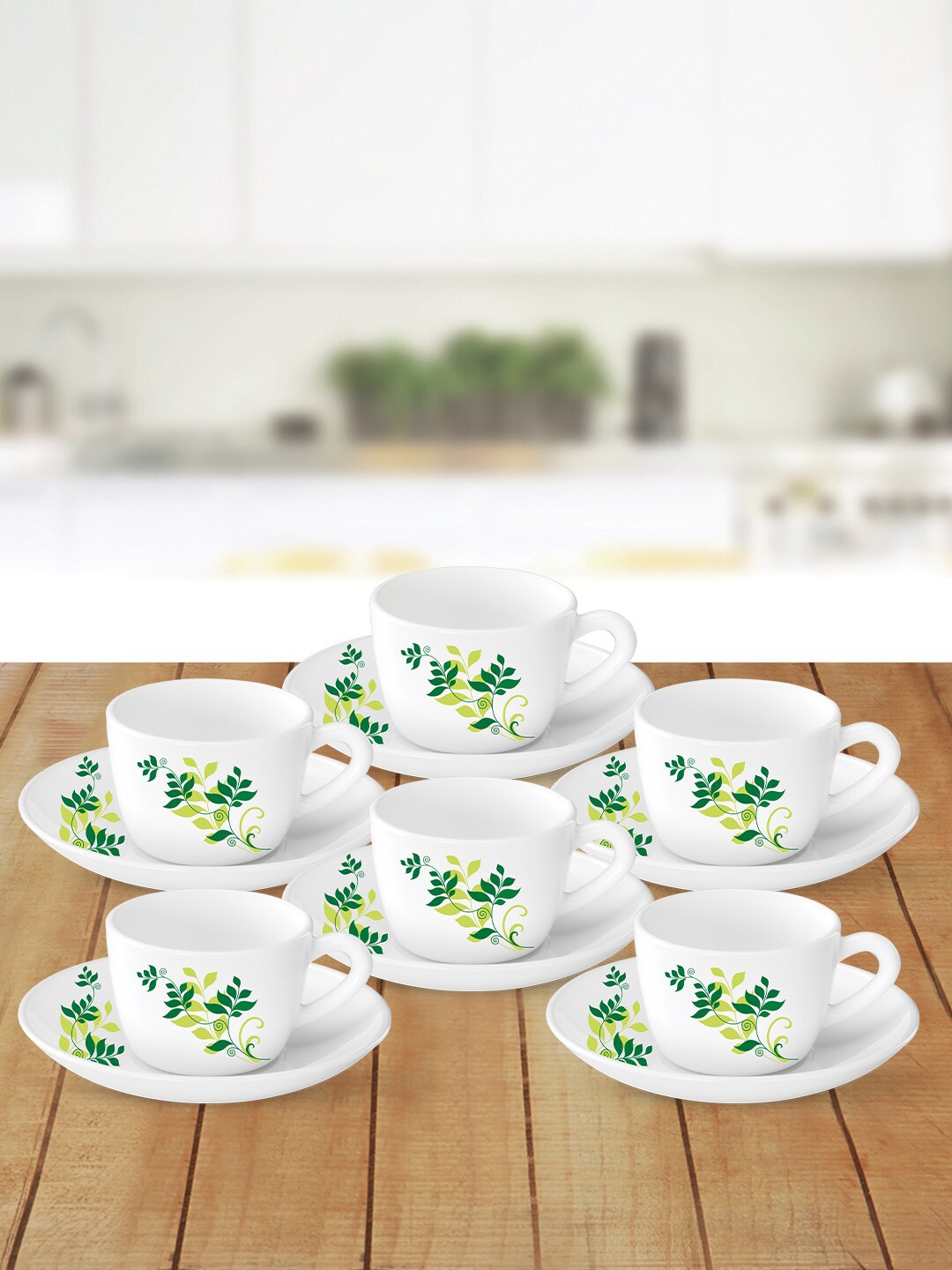 

Larah by BOROSIL White & Green Printed Opalware Glossy Cups and Saucers Set of Cups and Mugs