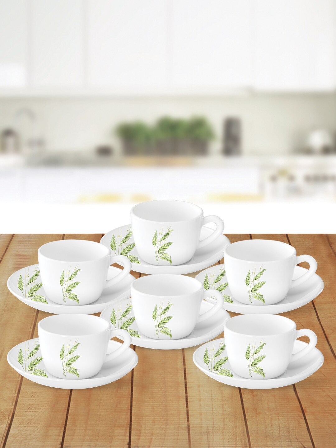

Larah by BOROSIL White & Green Printed Opalware Glossy Cups and Saucers