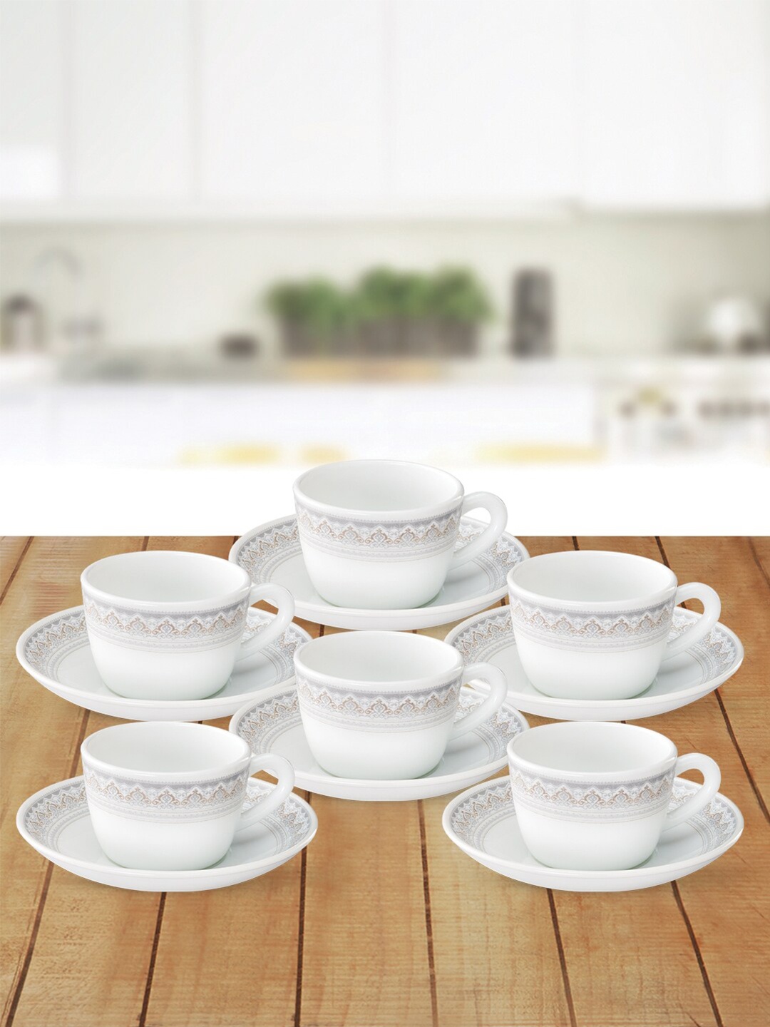 

Larah by BOROSIL Pack of 6 White & Grey Printed Opalware Glossy Cups and Saucers