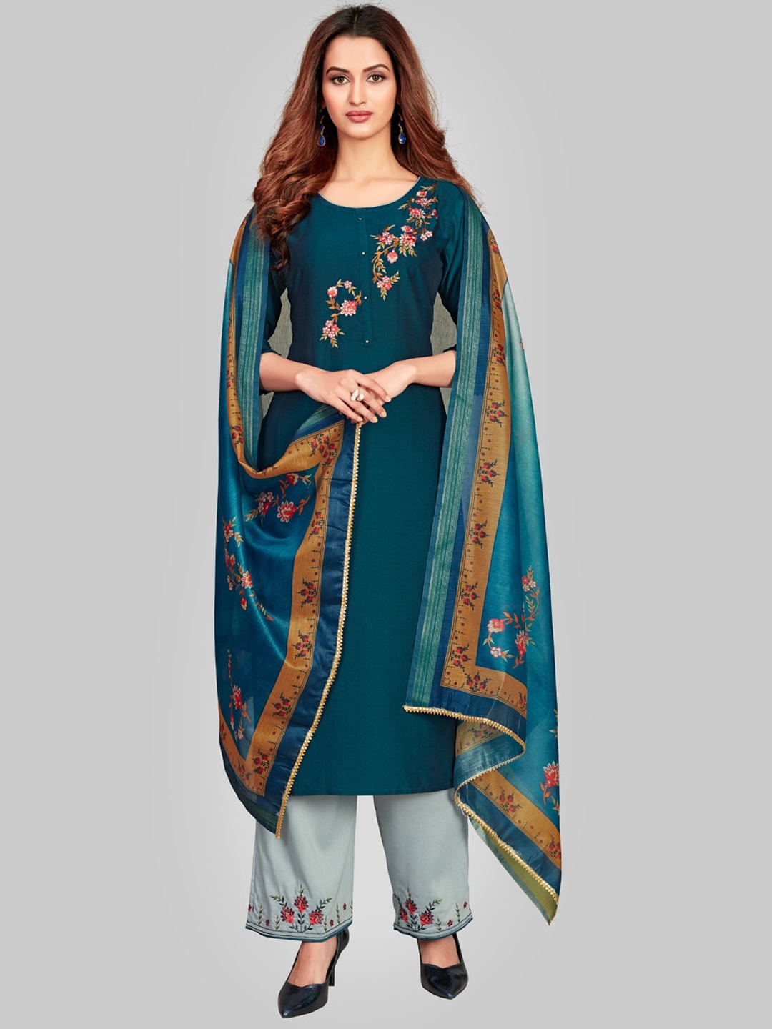 

7TH FAB Women Blue Floral Embroidered Panelled Pure Silk Kurta & Palazzos & With Dupatta