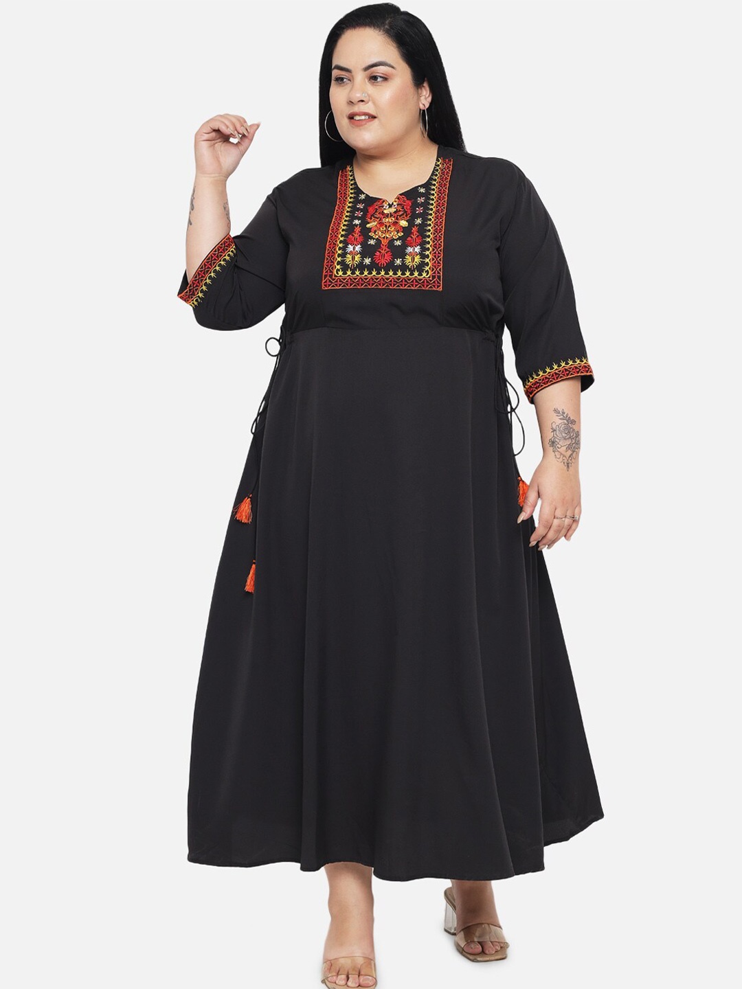 

Indietoga Women Plus Size Black Embroidered Fit And Flare Long Maxi Dress