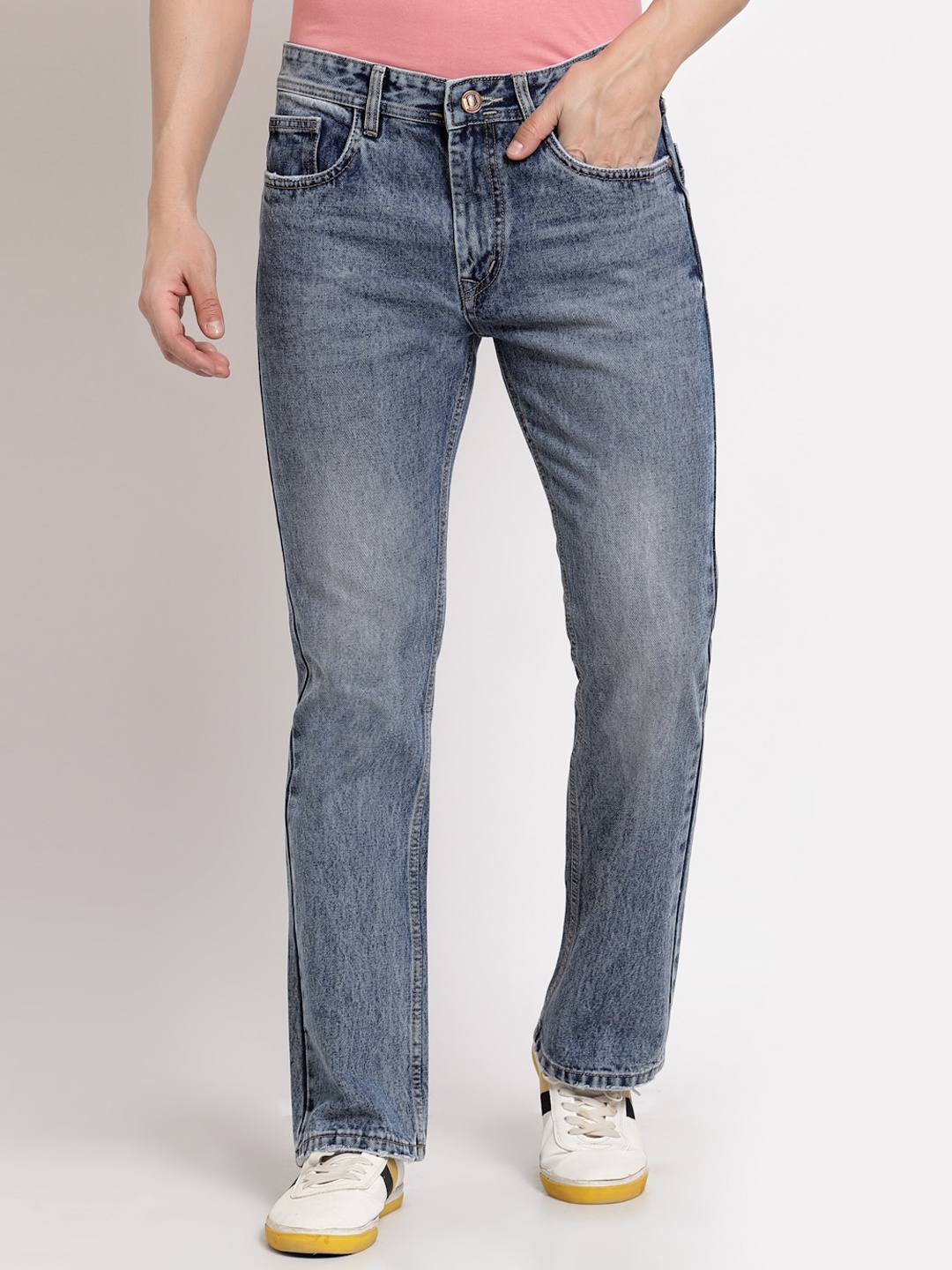 

FEVER Men Blue Low Distress Bootcut Fit Heavy Fade Jeans