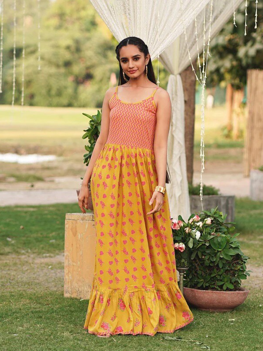 

Rustorange Mustard Yellow & Pink Floral Rayon Maxi Dress