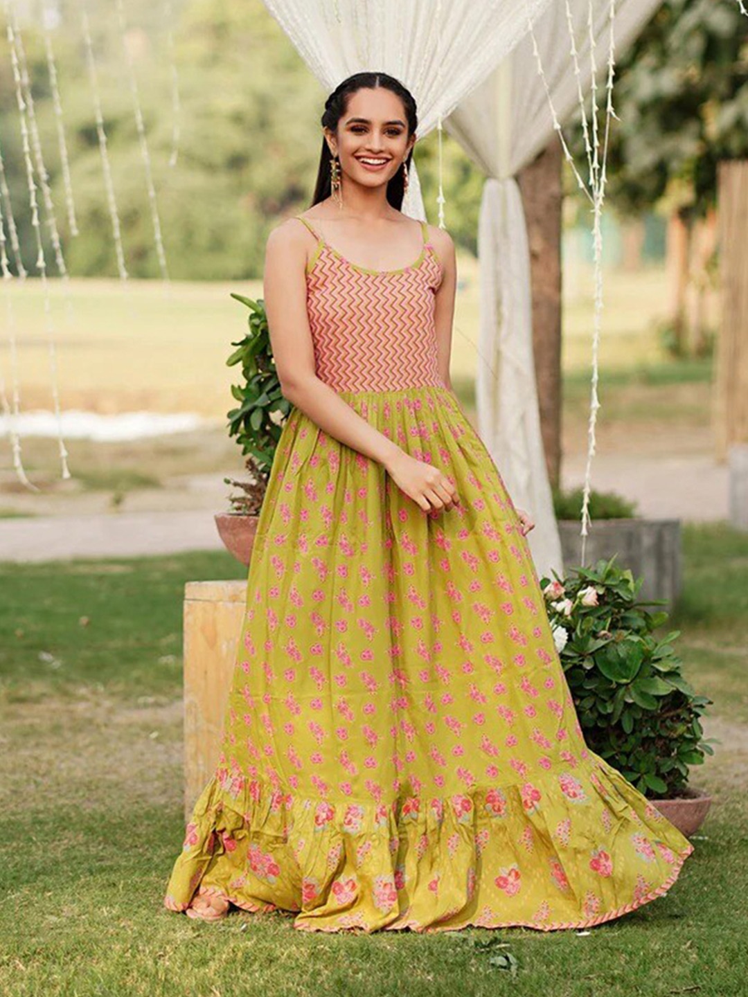 

Rustorange Olive Green & Pink Floral Rayon Maxi Dress