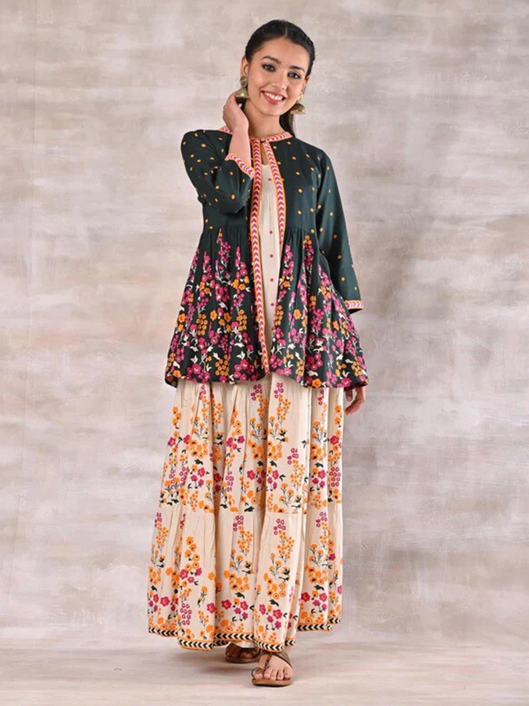 

Rustorange Off White Floral Rayon Ethnic Tiered Maxi Ethnic Dress with Shrug