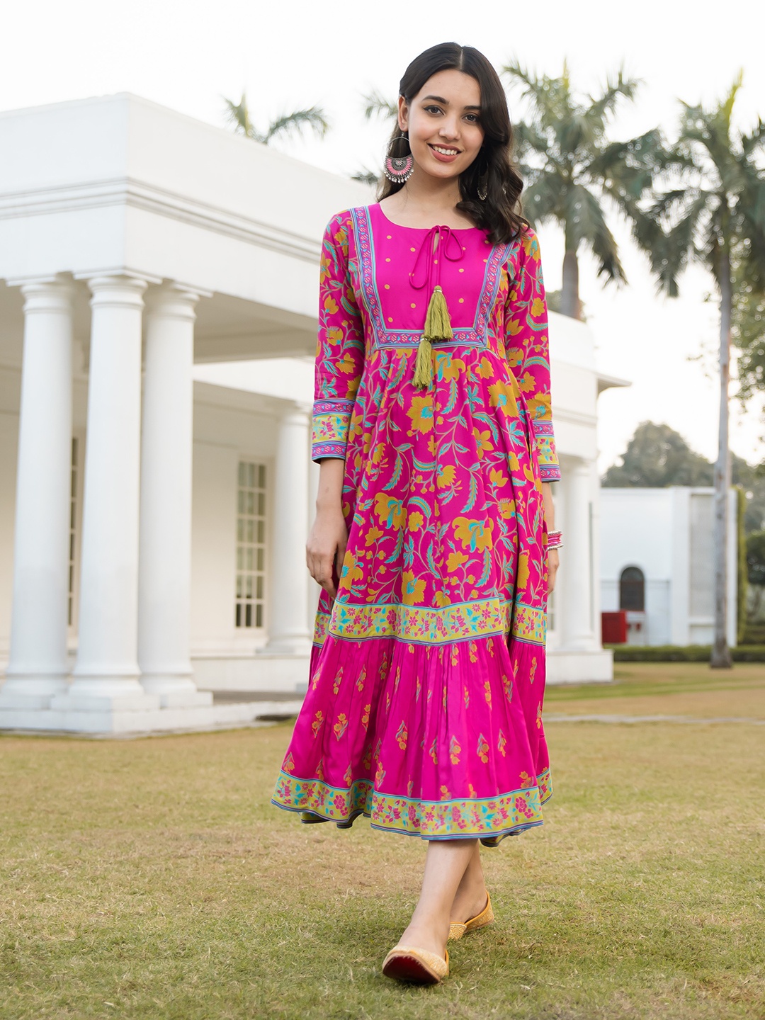 

Rustorange Pink Ethnic Motifs Tie-Up Neck Rayon A-Line Midi Dress