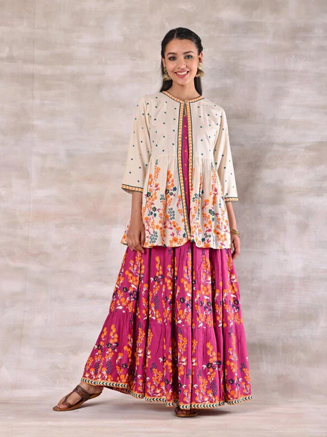 

Rustorange Pink Floral Rayon Tiered Maxi Dress