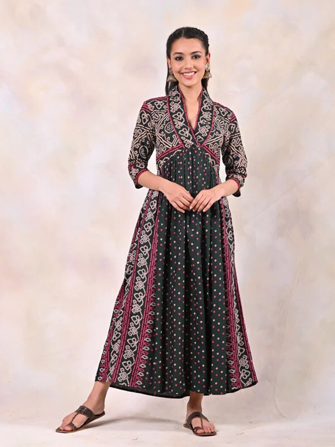 

Rustorange Green Floral Rayon Maxi Dress