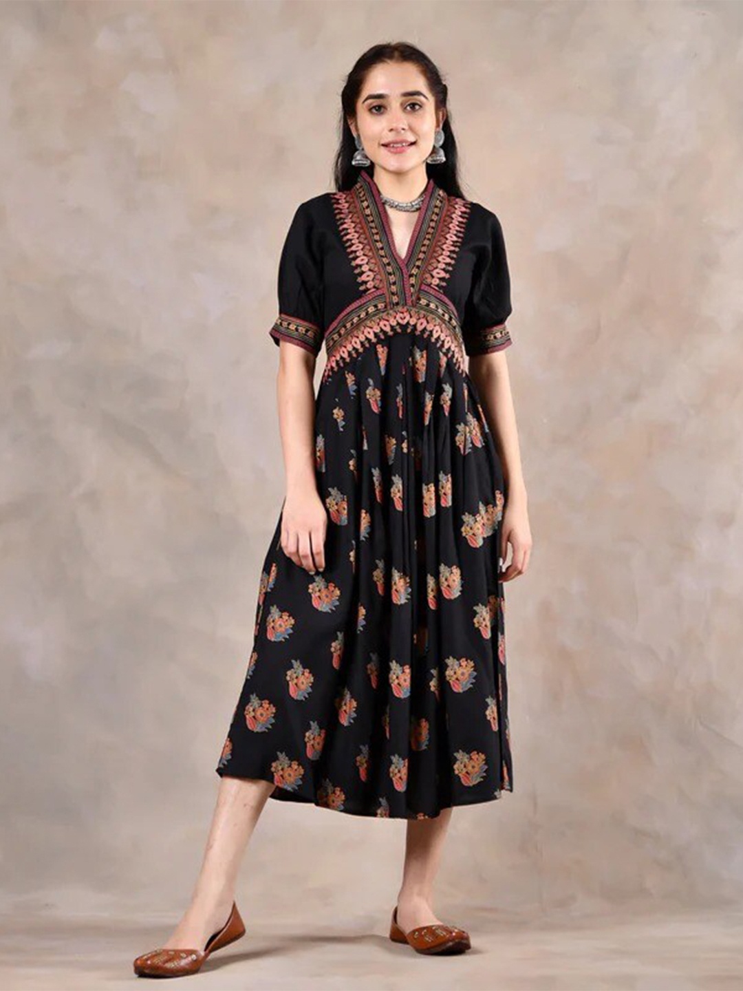 

Rustorange Black Ethnic Motifs Rayon A-Line Midi Dress