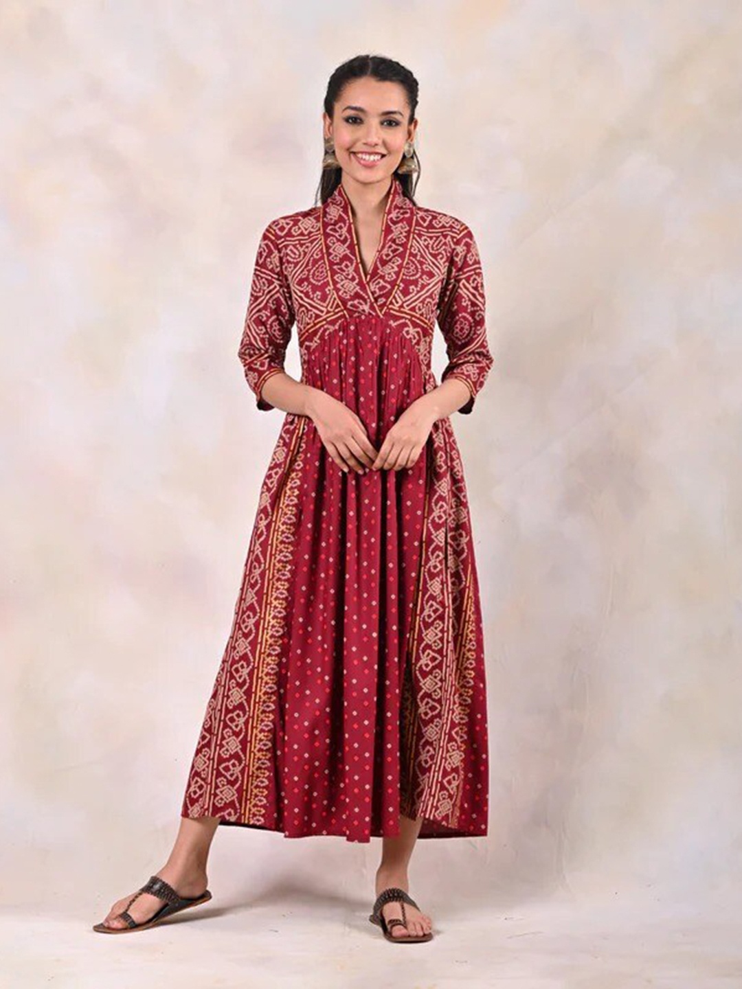 

Rustorange Maroon & White Floral Rayon Maxi Dress