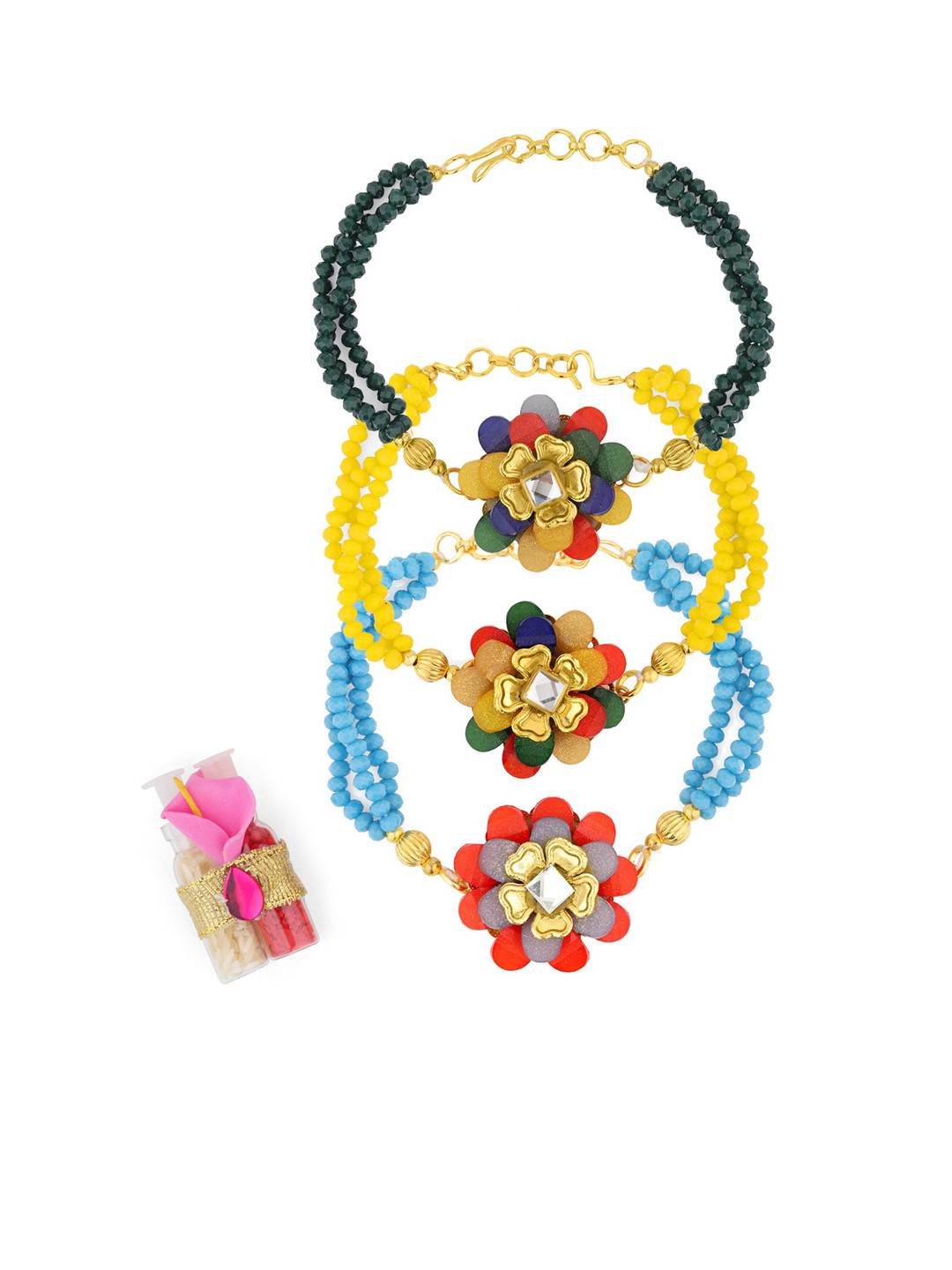 

Sanjog Set Of 3 Yellow Blue & Green Floral Multi-strand Rakhi With Roli & Chawal