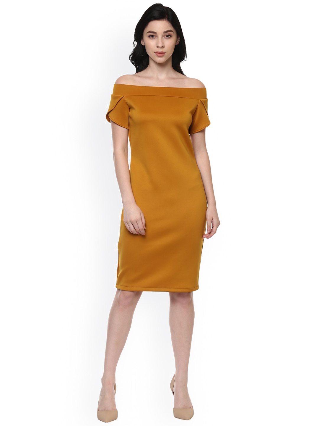 

Zima Leto Women Mustard Yellow Off-Shoulder Sheath Dress