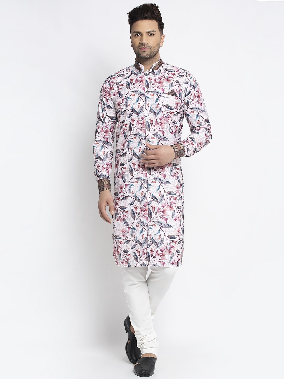 

Benstoke Men Pink & Grey Floral Printed Sherwani Set