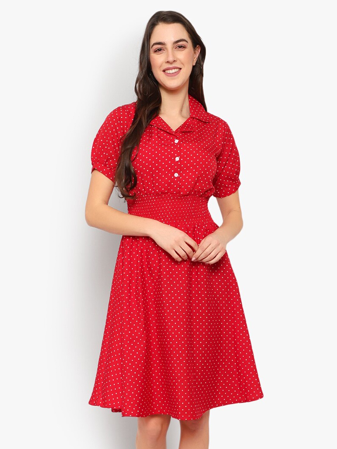 

Indietoga Women Red Polka Dot Smocked Knee-Length Dress