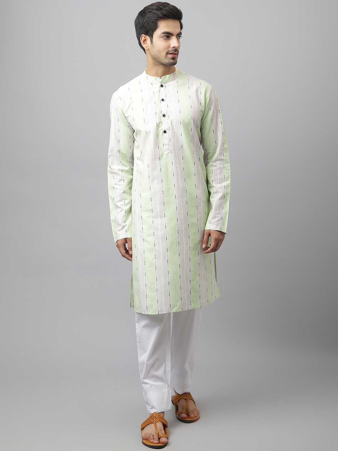 

Waahiba Men Green Striped Thread Work Kurta