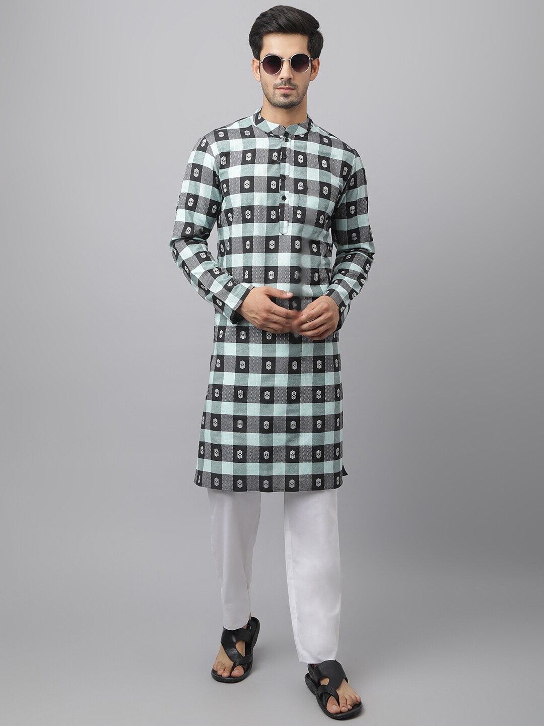 

Waahiba Men Lime Green Geometric Kurta