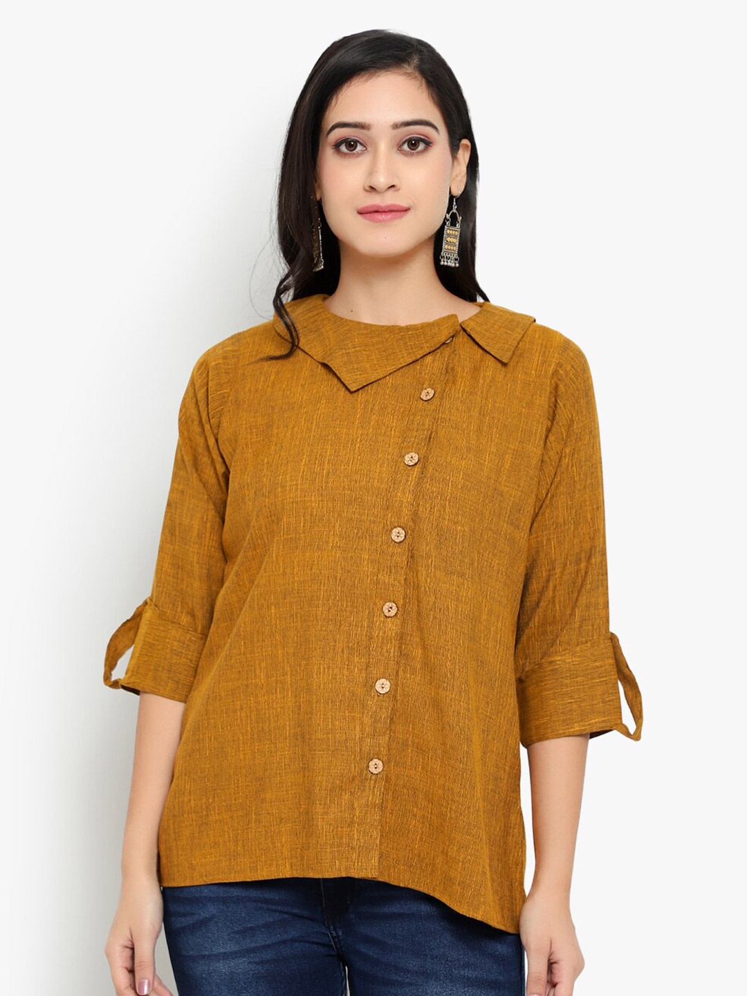 

Indietoga Women Mustard Yellow Cotton Linen Tunic Shirt Tops