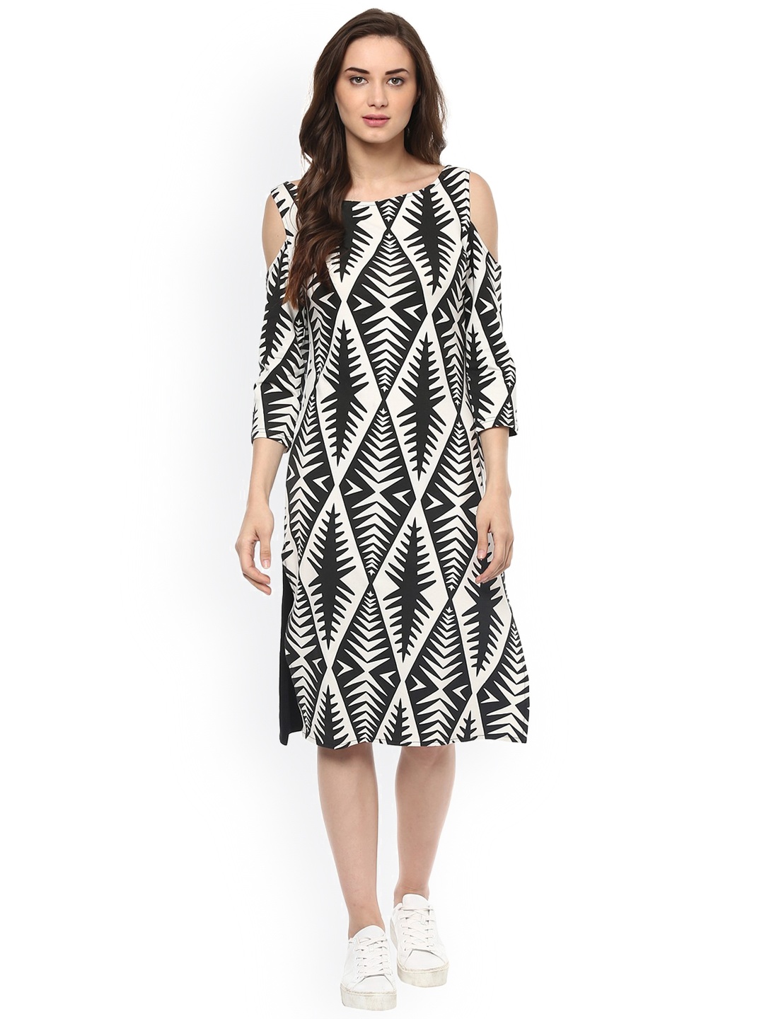 

Zima Leto Women Black & White Printed Cold Shoulder A-Line Dress