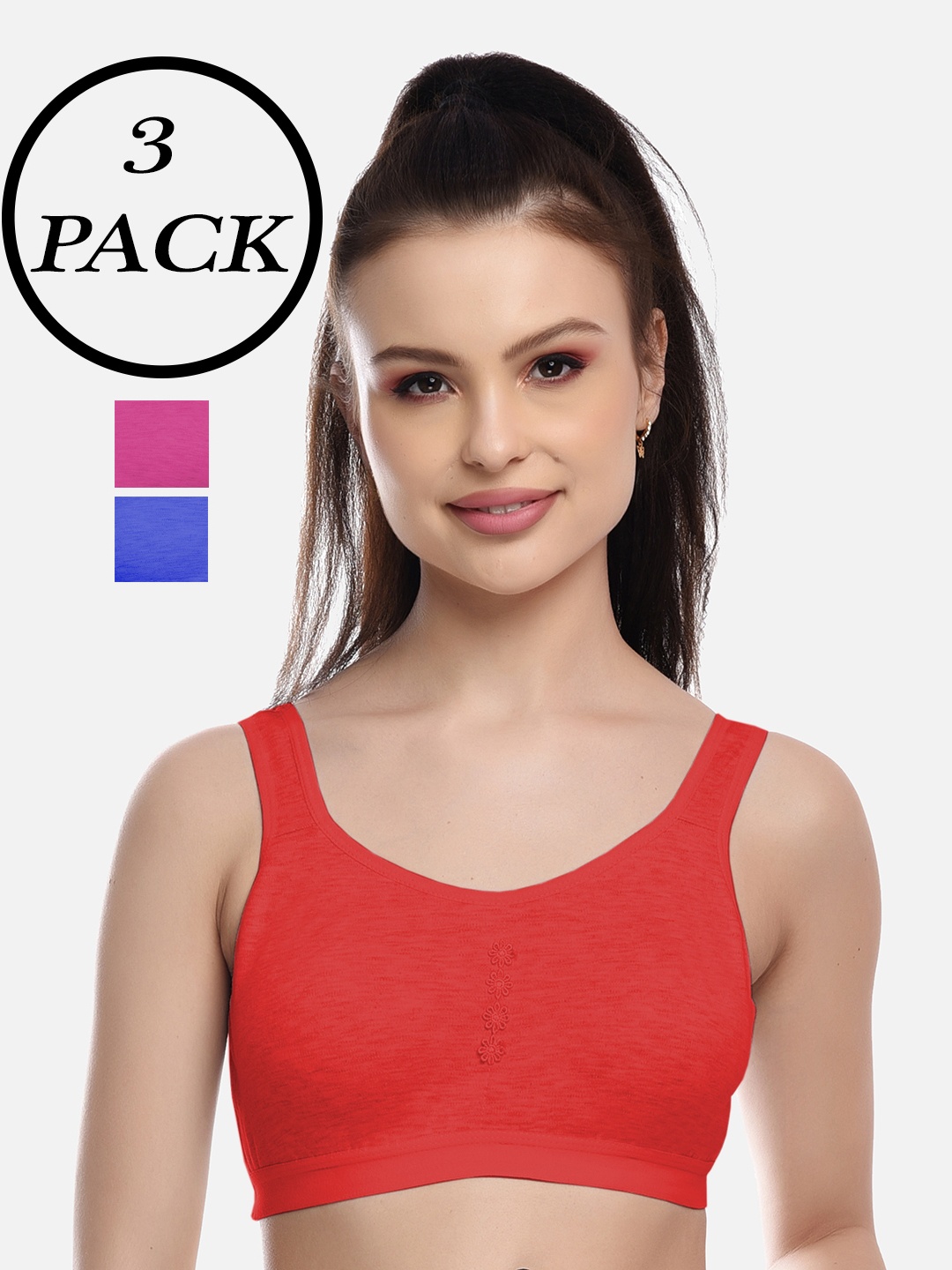 

FIMS Red & Blue Pack of 3 Non Padded Non Wired Super Support Sports Bra