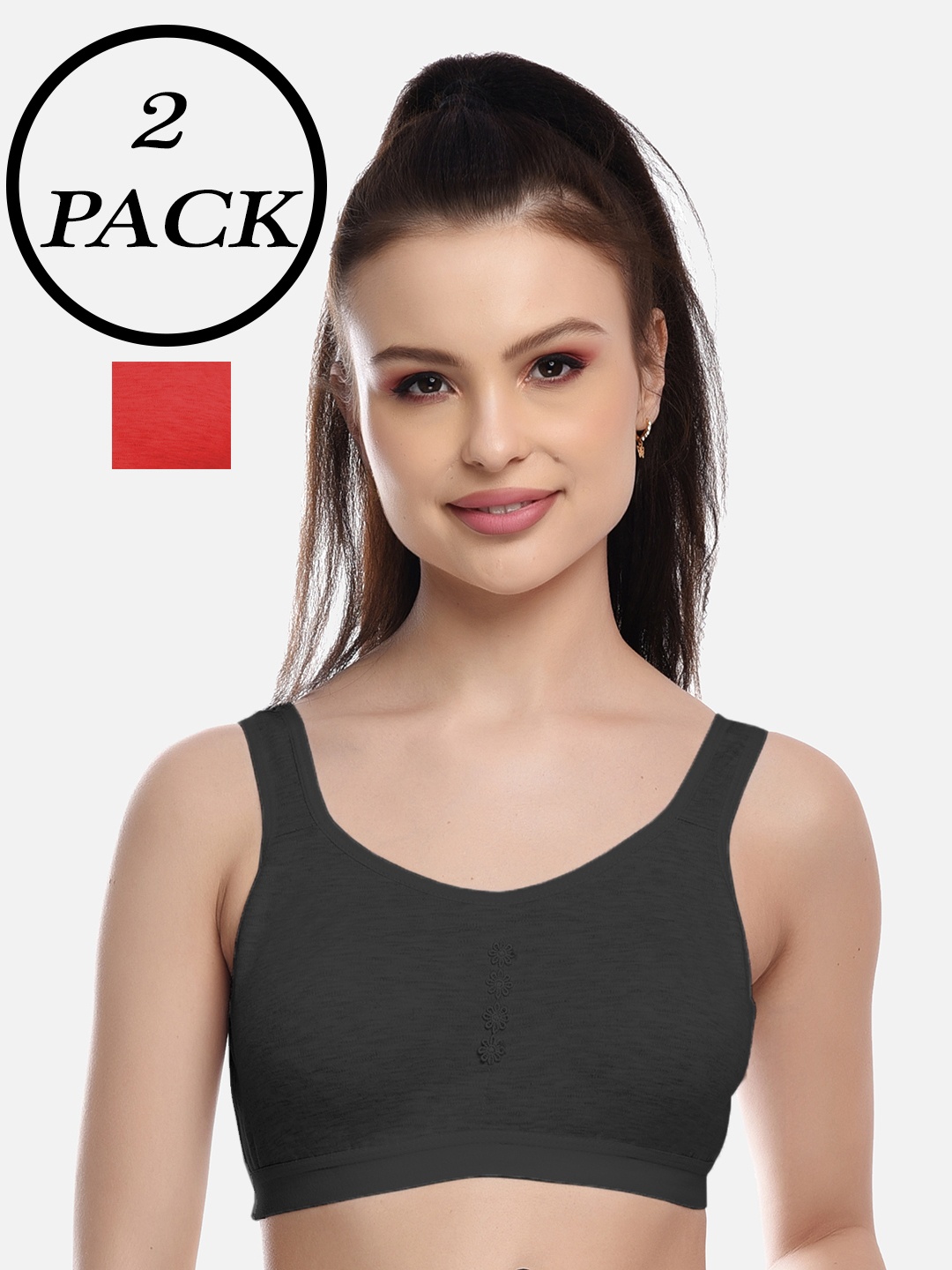 

FIMS Black & Red Pack of 2 Non Padded Non Wired Super Support Sports Bra