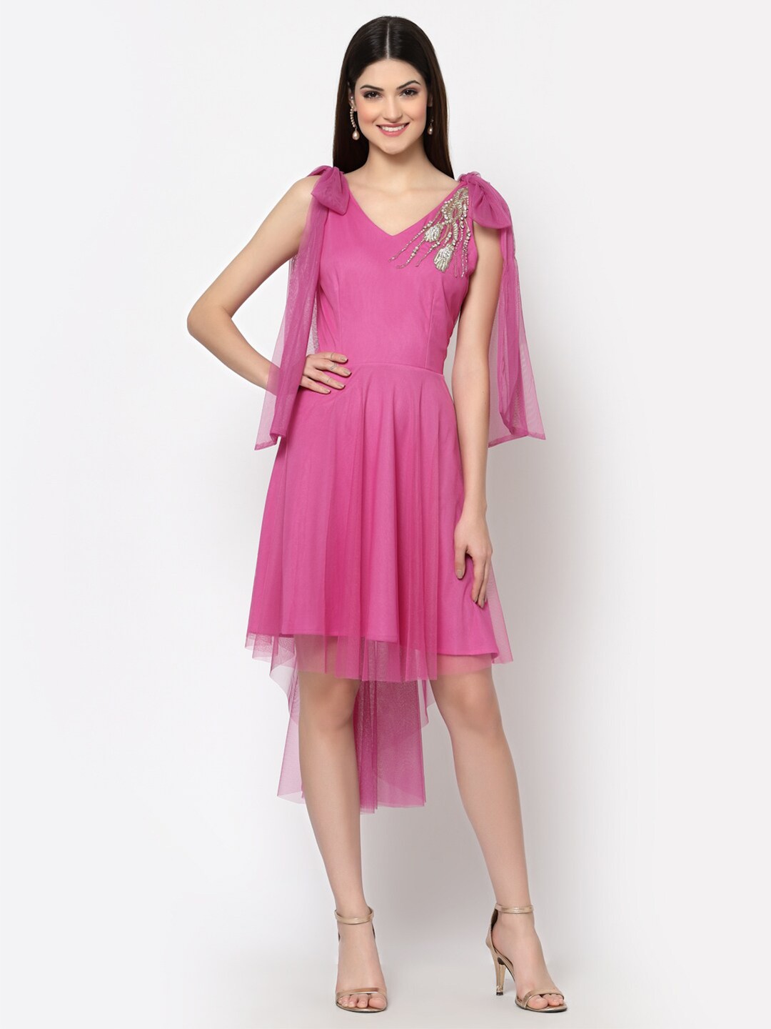 

Just Wow Sleeveless V-Neck Maxi Knee Length Embroidery Dresses For Women, Pink