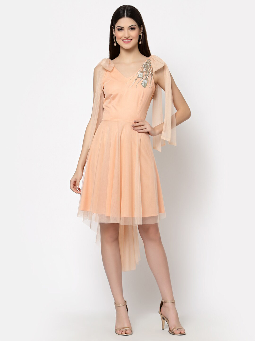 

Just Wow Peach-Coloured Floral Embroidered Net Dress