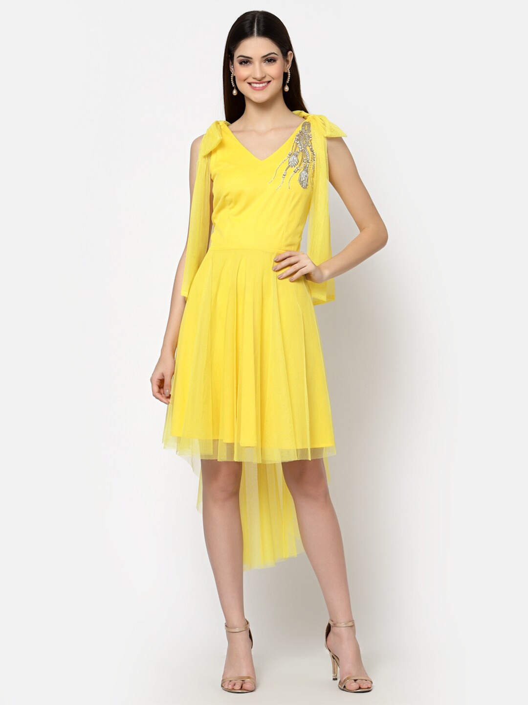 

Just Wow Yellow Floral Embroidered Net Dress