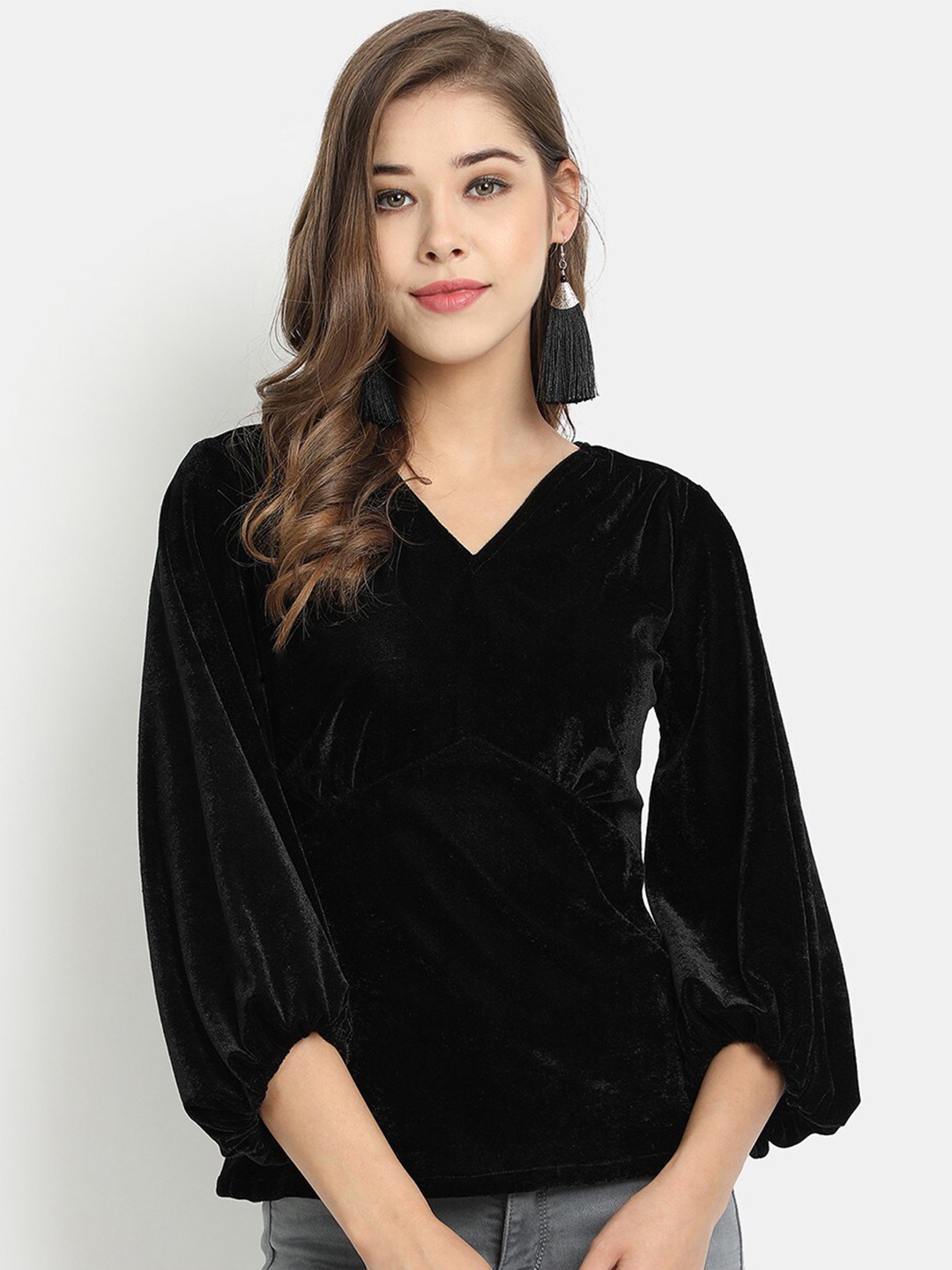 

Golden Kite Black Velvet Top With puff sleeves